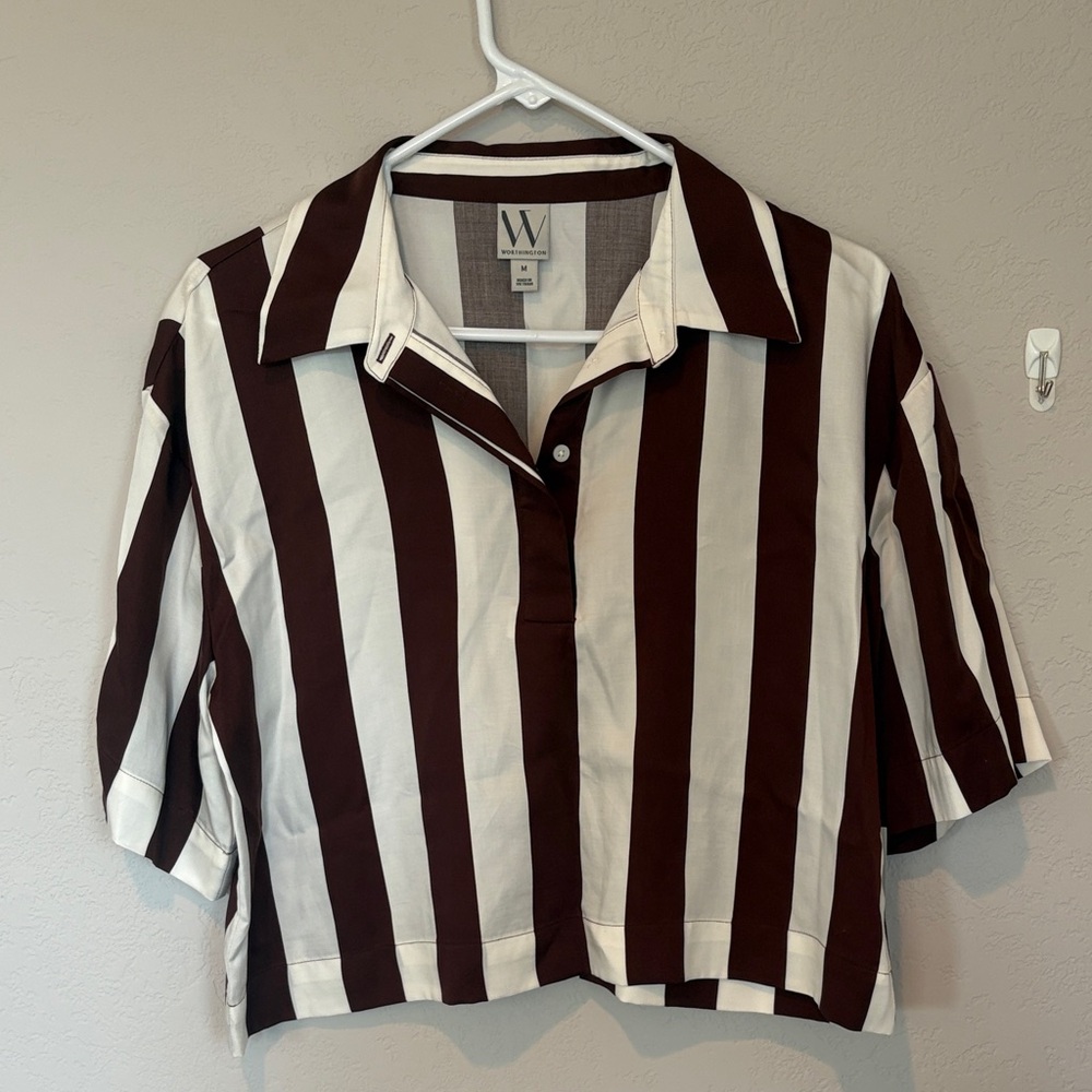 W by Worth Brown and White Striped Cropped Polo